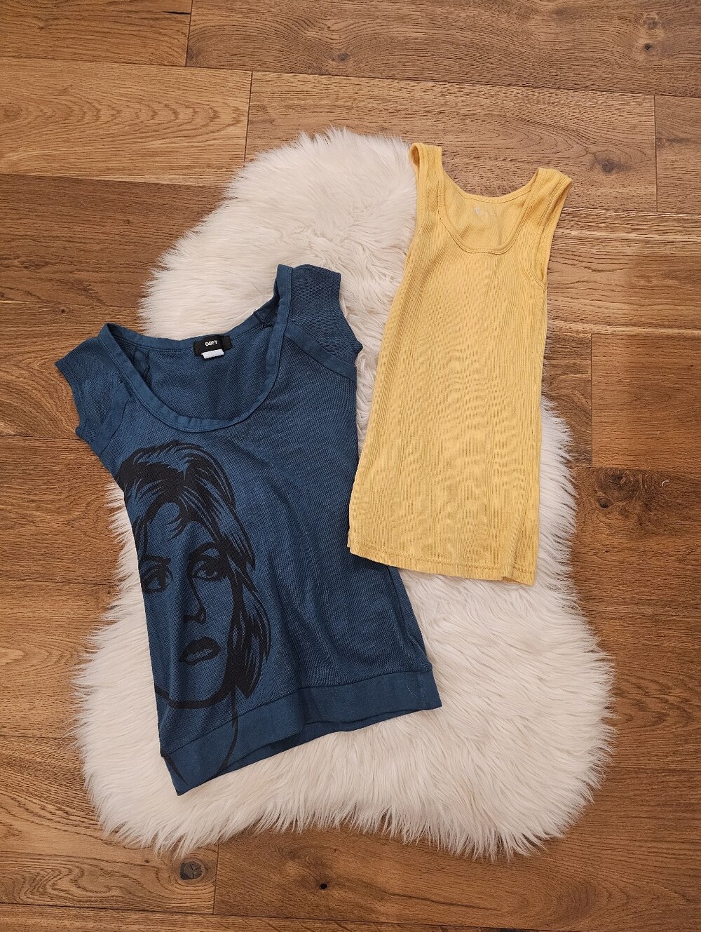 Vintage Obey Women's Blue Graphic Tee & Yellow Ribbed Tank Layering Set